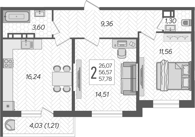 Планировка — Смородина, 2-комн., 57 м²