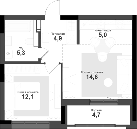 Планировка — Тайгинский парк, 2-комн., 42 м²