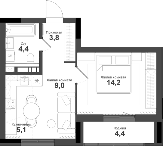 Планировка — Тайгинский парк, 2-комн., 37 м²