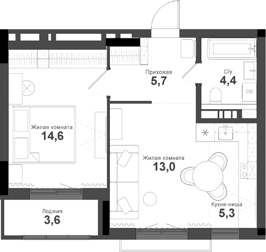 Планировка — Тайгинский парк, 2-комн., 44 м²