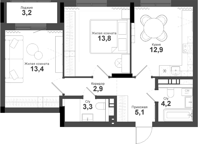 Планировка — Тайгинский парк, 2-комн., 56 м²