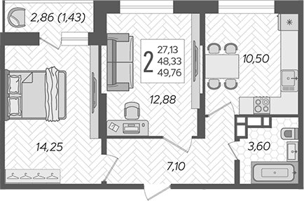 Планировка — Смородина, 2-комн., 48 м²