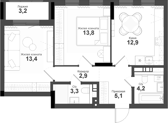 Планировка — Тайгинский парк, 2-комн., 56 м²