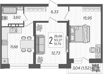Планировка — Смородина, 2-комн., 50 м²