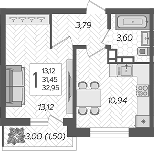 Планировка — Смородина, 1-комн., 31 м²