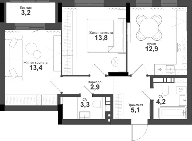 Планировка — Тайгинский парк, 2-комн., 56 м²