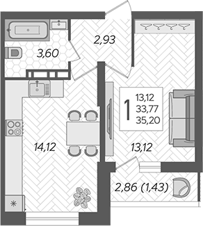 Планировка — Смородина, 1-комн., 34 м²