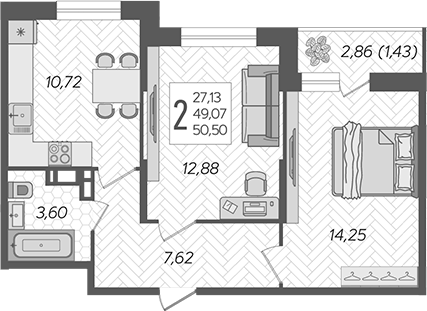 Планировка — Смородина, 2-комн., 49 м²