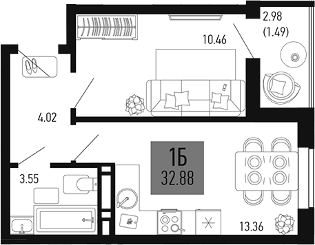 Планировка — Столицыно, 1-комн., 31 м²