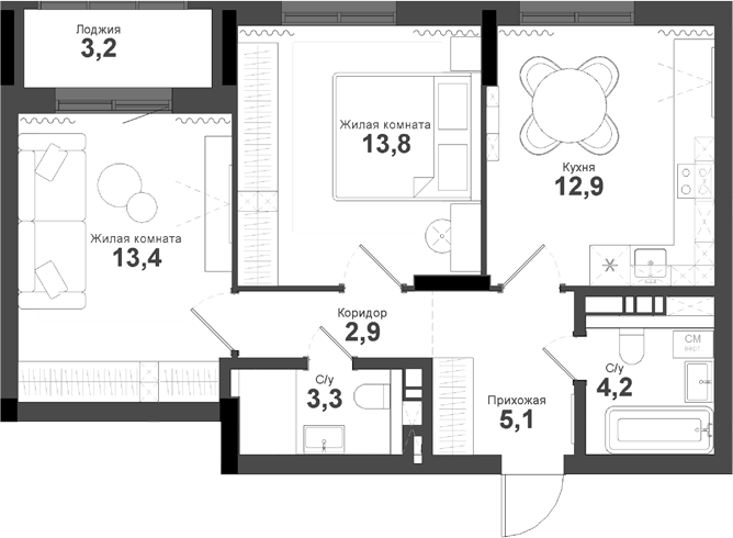 Планировка — Тайгинский парк, 2-комн., 56 м²