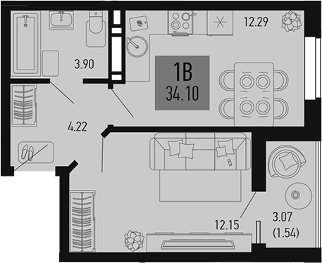 Планировка — Столицыно, 1-комн., 33 м²