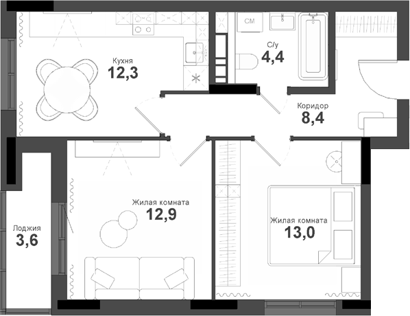 Планировка — Тайгинский парк, 2-комн., 51 м²