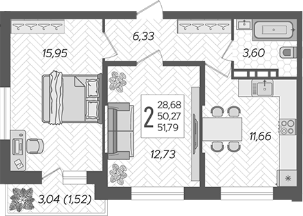 Планировка — Смородина, 2-комн., 50 м²
