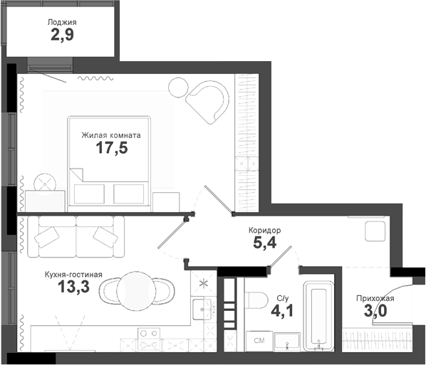 Планировка — Тайгинский парк, 1-комн., 43 м²