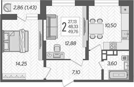 Планировка — Смородина, 2-комн., 48 м²