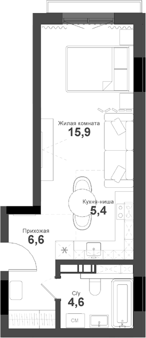 Планировка — Тайгинский парк, Студия, 34 м²