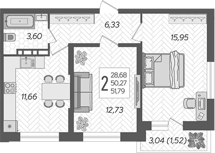 Планировка — Смородина, 2-комн., 50 м²