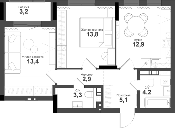 Планировка — Тайгинский парк, 2-комн., 56 м²