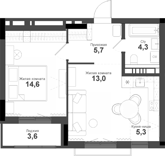 Планировка — Тайгинский парк, 2-комн., 44 м²