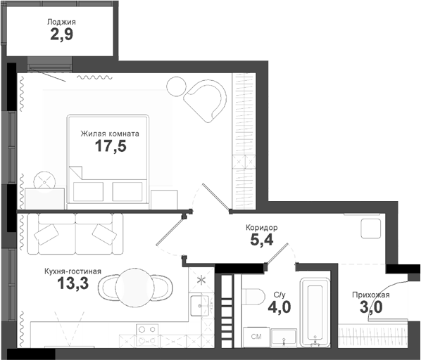Планировка — Тайгинский парк, 1-комн., 43 м²