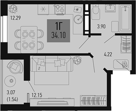 Планировка — Столицыно, 1-комн., 33 м²