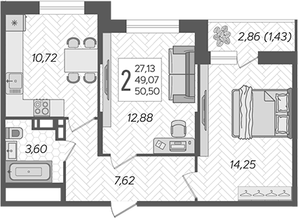 Планировка — Смородина, 2-комн., 49 м²