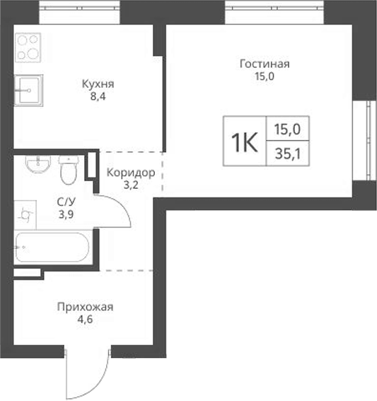 Планировка — Экоград 12 дворов, 1-комн., 35 м²