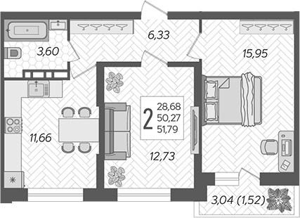 Планировка — Смородина, 2-комн., 50 м²