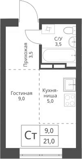 Планировка — Экоград 12 дворов, Студия, 21 м²