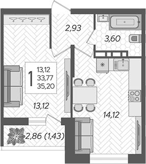 Планировка — Смородина, 1-комн., 34 м²