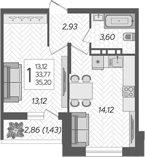 Планировка — Смородина, 1-комн., 34 м²