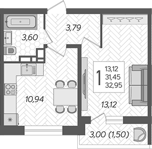Планировка — Смородина, 1-комн., 31 м²