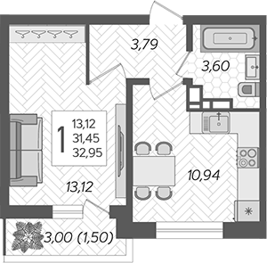 Планировка — Смородина, 1-комн., 31 м²