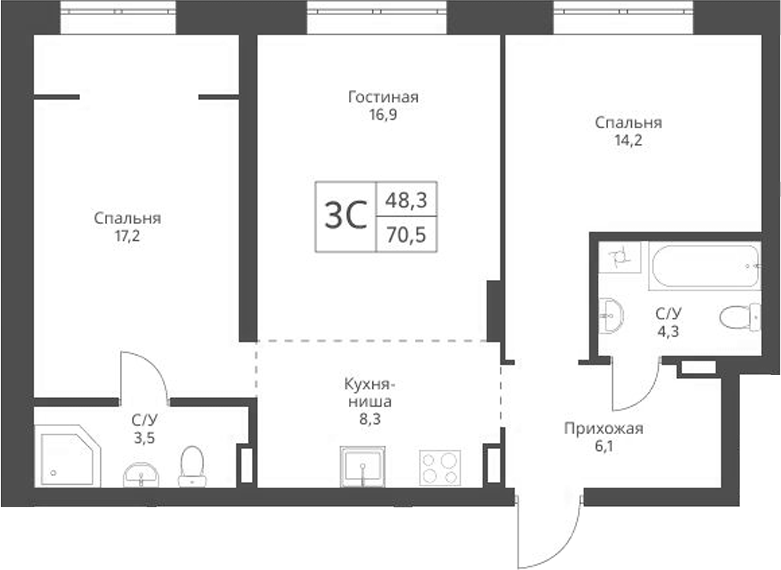 Планировка — Экоград 12 дворов, 3-комн., 71 м²