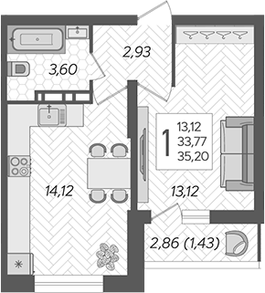 Планировка — Смородина, 1-комн., 34 м²