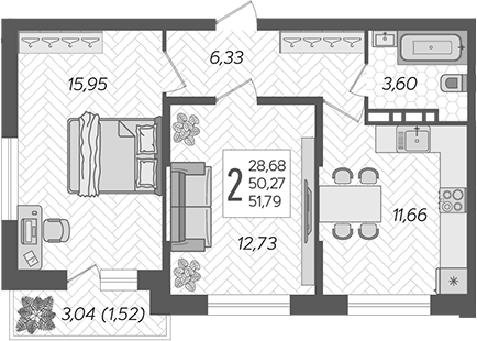 Планировка — Смородина, 2-комн., 50 м²