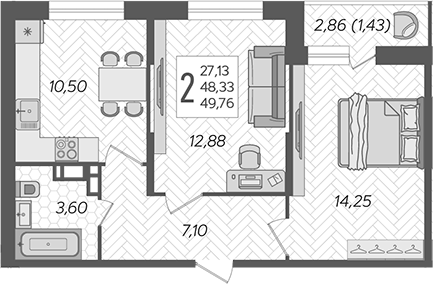 Планировка — Смородина, 2-комн., 48 м²