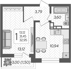 Планировка — Смородина, 1-комн., 31 м²