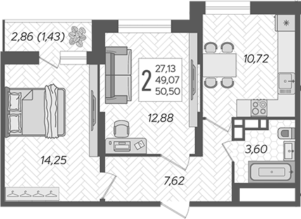 Планировка — Смородина, 2-комн., 49 м²