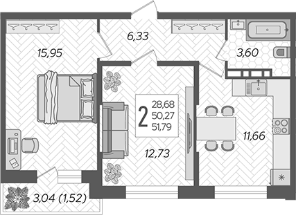 Планировка — Смородина, 2-комн., 50 м²