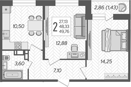 Планировка — Смородина, 2-комн., 48 м²