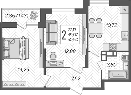 Планировка — Смородина, 2-комн., 49 м²