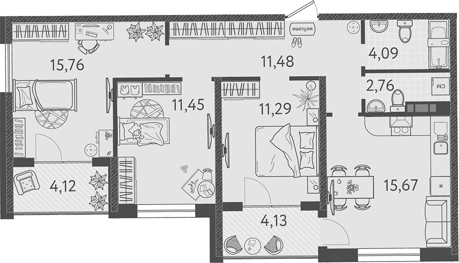 Планировка — Друзья, 4-комн., 73 м²