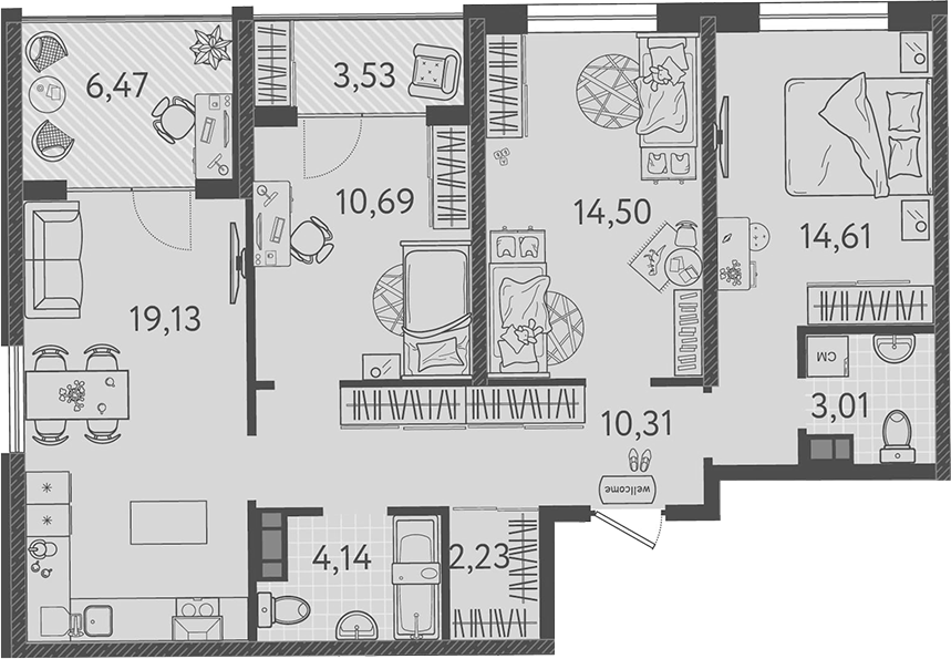 Планировка — Друзья, 4-комн., 77 м²