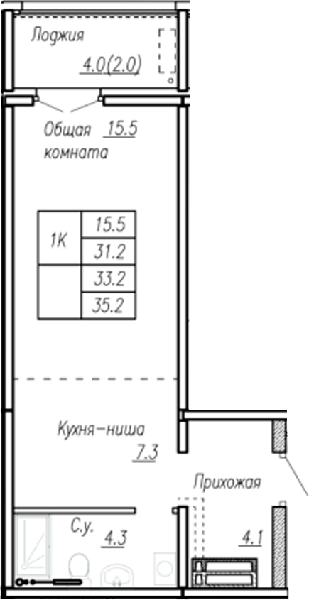 Планировка — Дом культуры. Барнаул, 1-комн., 31 м²