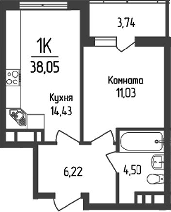 Планировка — Кумир, 1-комн., 36 м²
