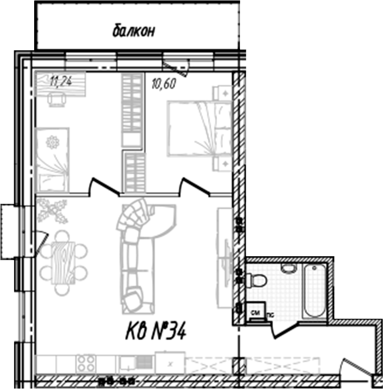 Планировка — Freedom Village, 1-комн., 69 м²