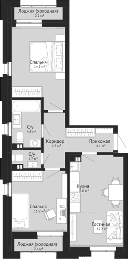 Планировка — Колос. Новокузнецк, 3-комн., 59 м²