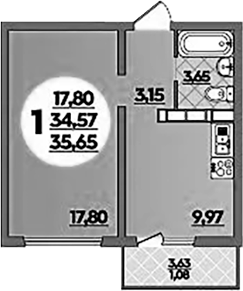 Планировка — Платовский, 1-комн., 35 м²