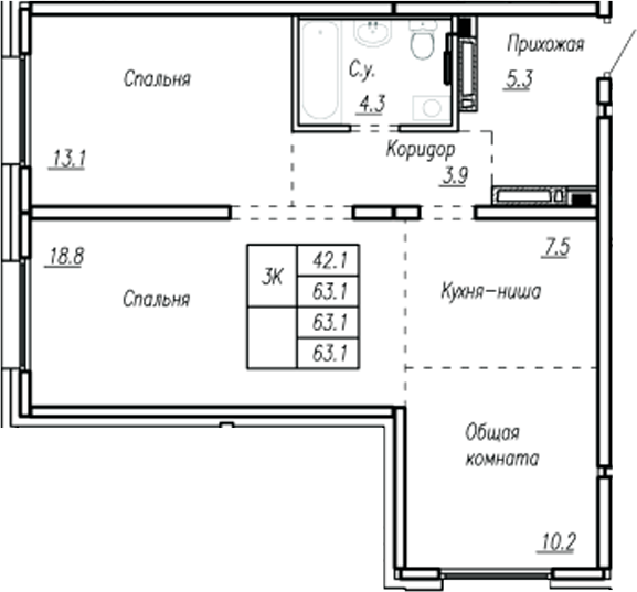 Планировка — Дом культуры. Барнаул, 3-комн., 63 м²